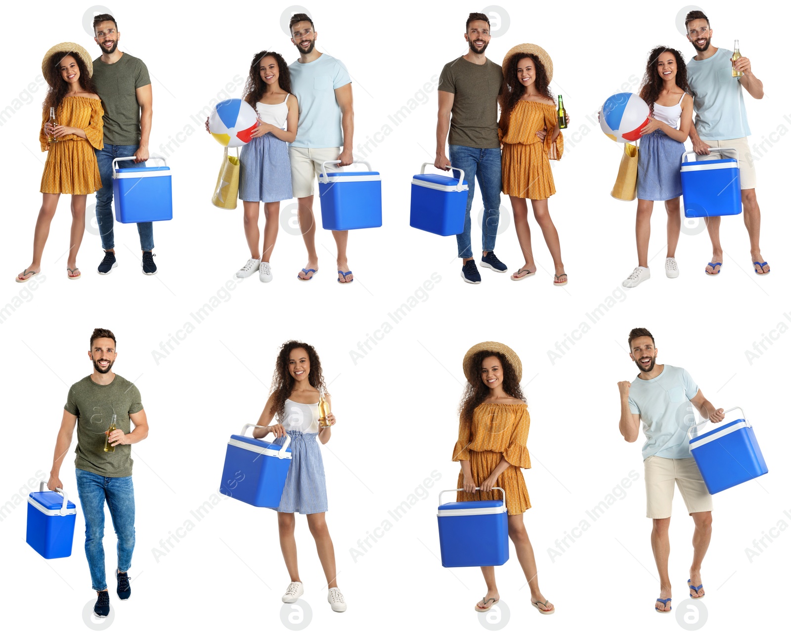 Image of Collage with photos of people holding cool boxes on white background