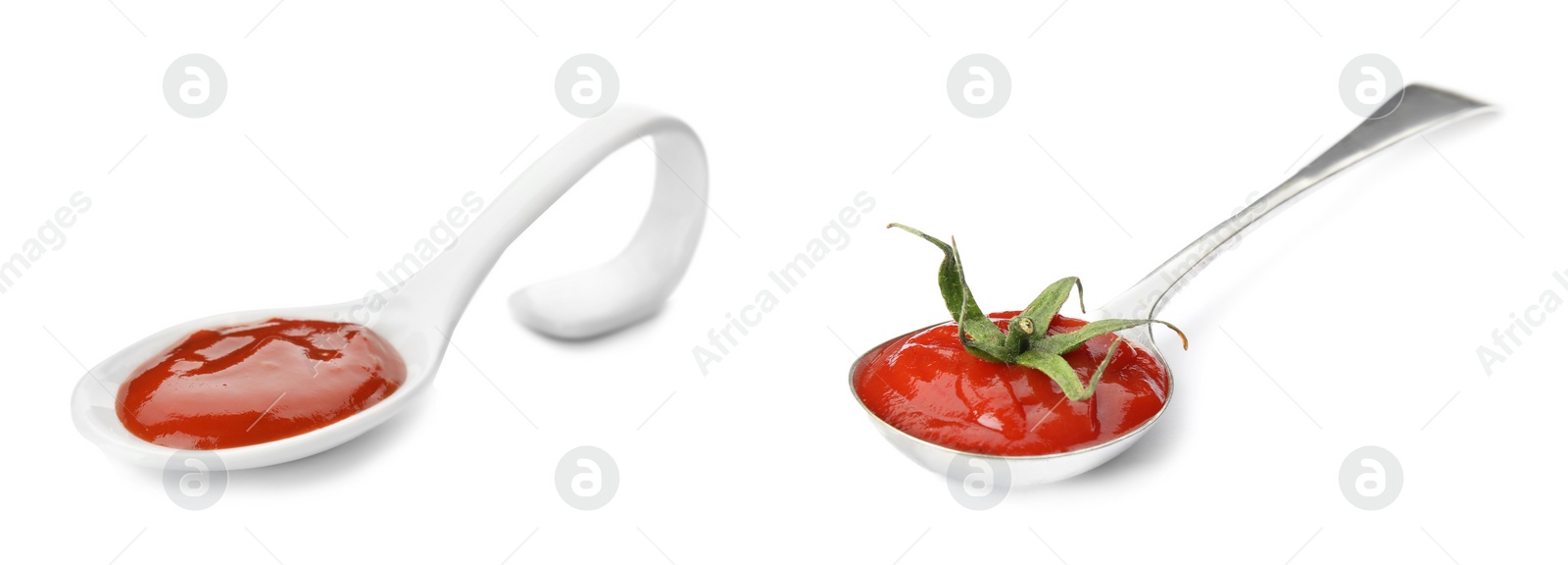 Image of Tomato sauces in spoons on white background