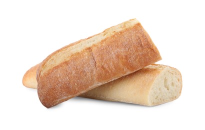 Pieces of fresh baguette on white background