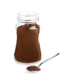 Spoon and glass jar with instant coffee on white background