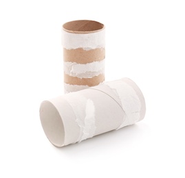 Photo of Empty paper toilet rolls on white background