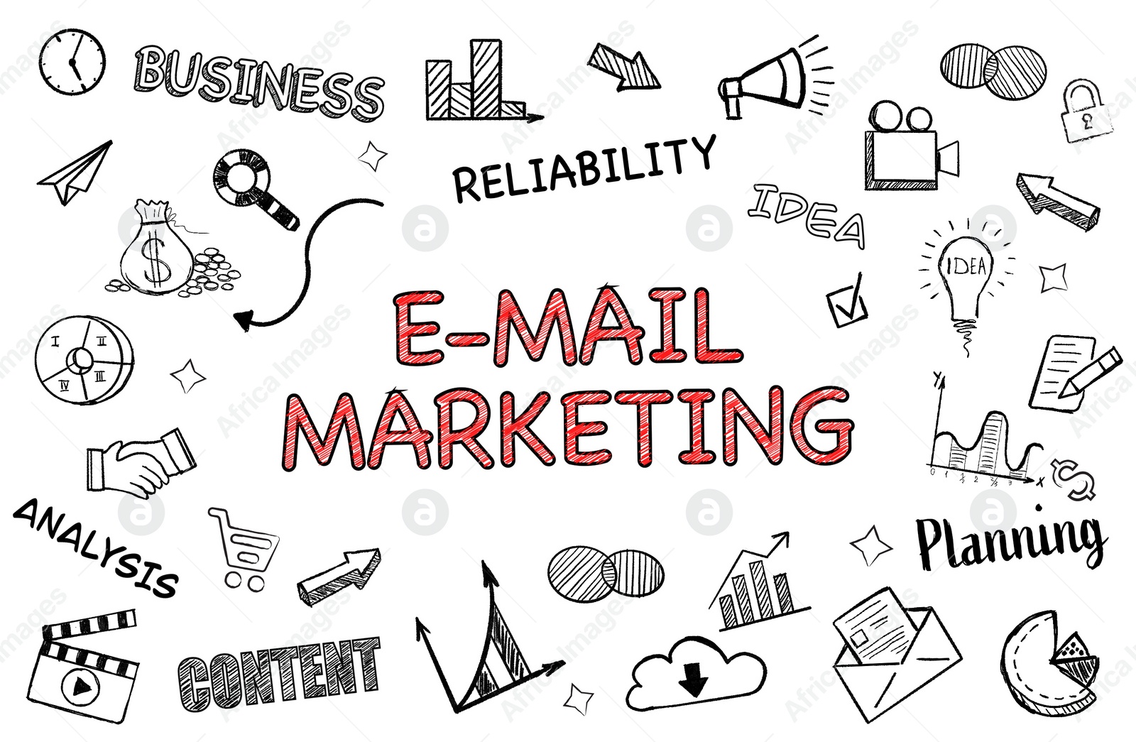 Illustration of Email marketing. Icons and words on white background