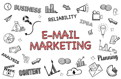 Email marketing. Icons and words on white background