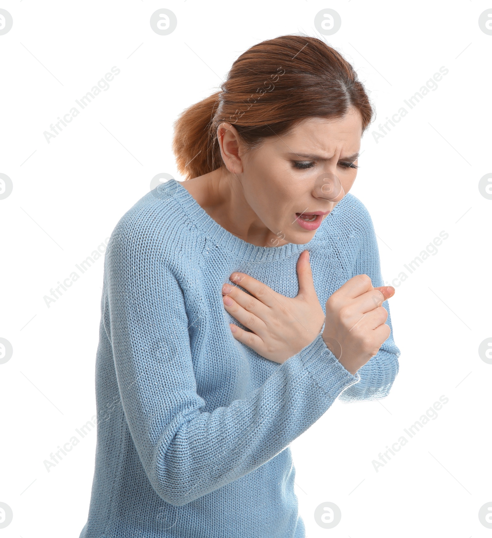 Photo of Woman suffering from cough isolated on white