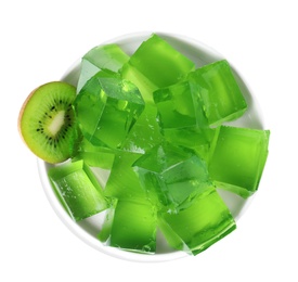 Photo of Plate with green jelly cubes and kiwi on white background, top view