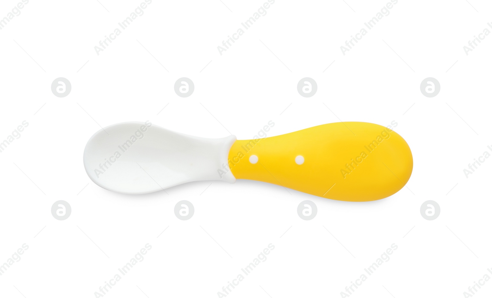 Photo of Plastic spoon isolated on white, top view. Serving baby food