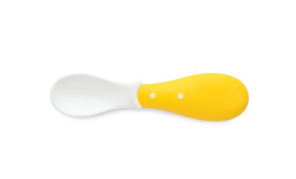 Photo of Plastic spoon isolated on white, top view. Serving baby food