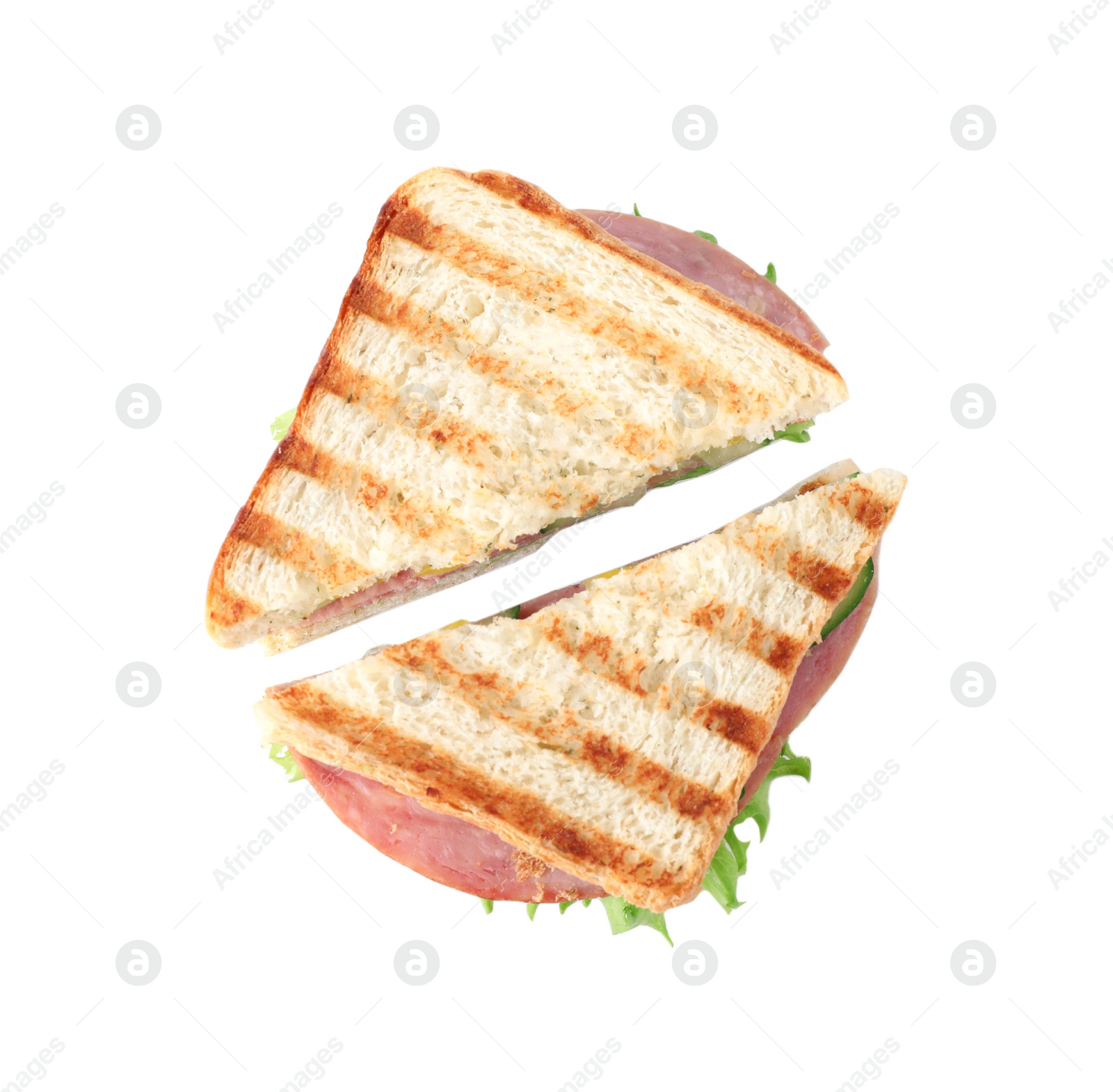 Photo of Tasty sandwich with ham on white background, top view