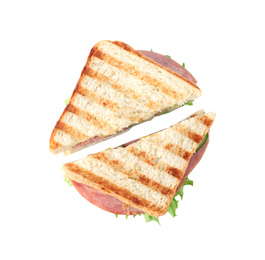 Photo of Tasty sandwich with ham on white background, top view