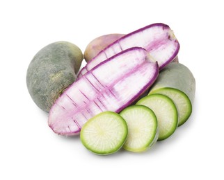 Photo of Purple and green daikon radishes isolated on white