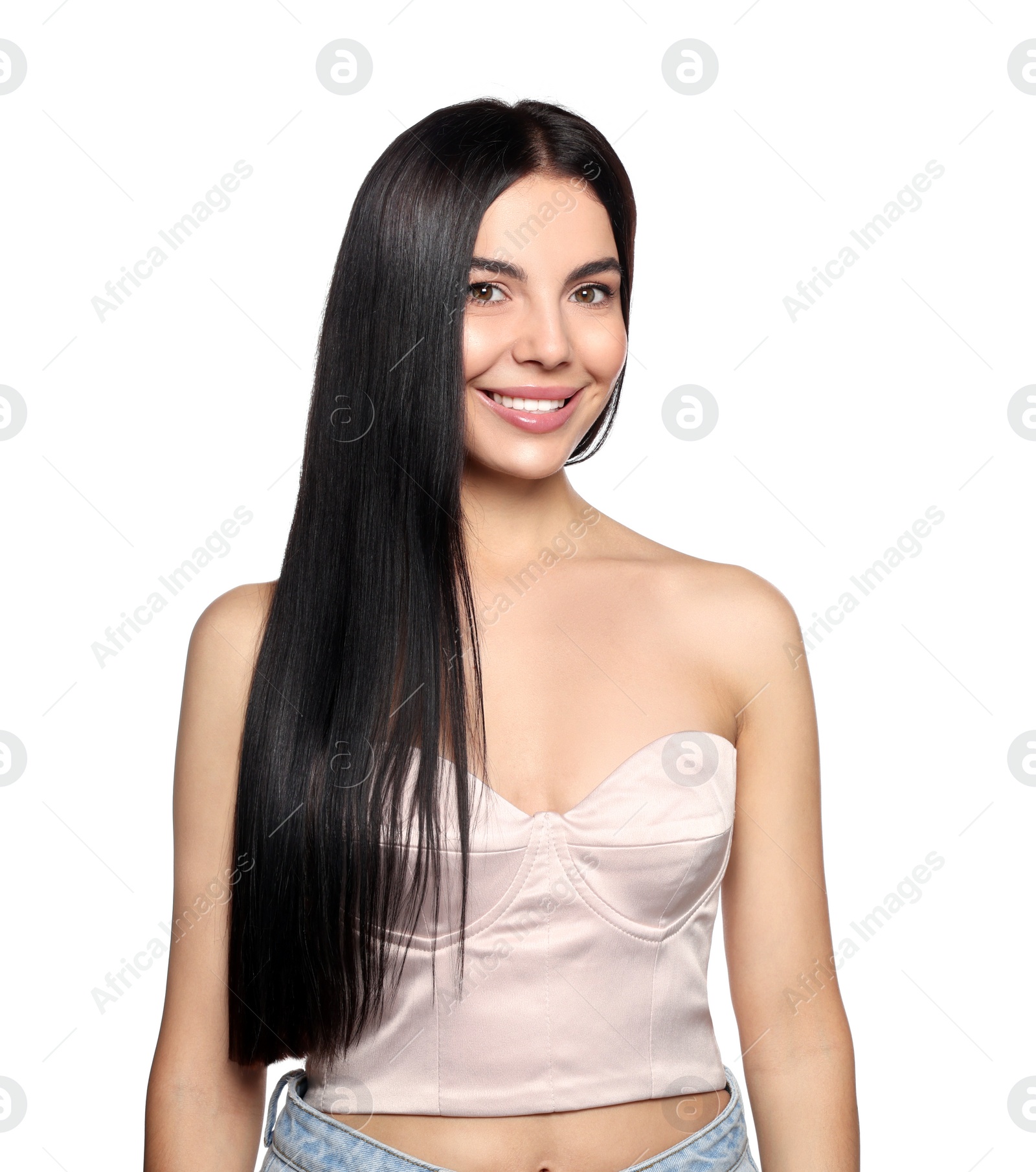 Photo of Portrait of beautiful young woman with healthy strong hair on white background