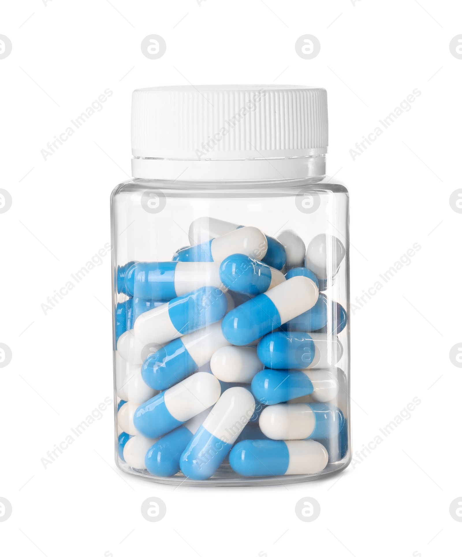 Photo of Bottle of antibiotic pills isolated on white. Medicinal treatment