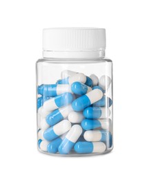 Photo of Bottle of antibiotic pills isolated on white. Medicinal treatment