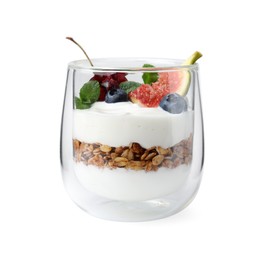 Photo of Glass with yogurt, berries and granola isolated on white