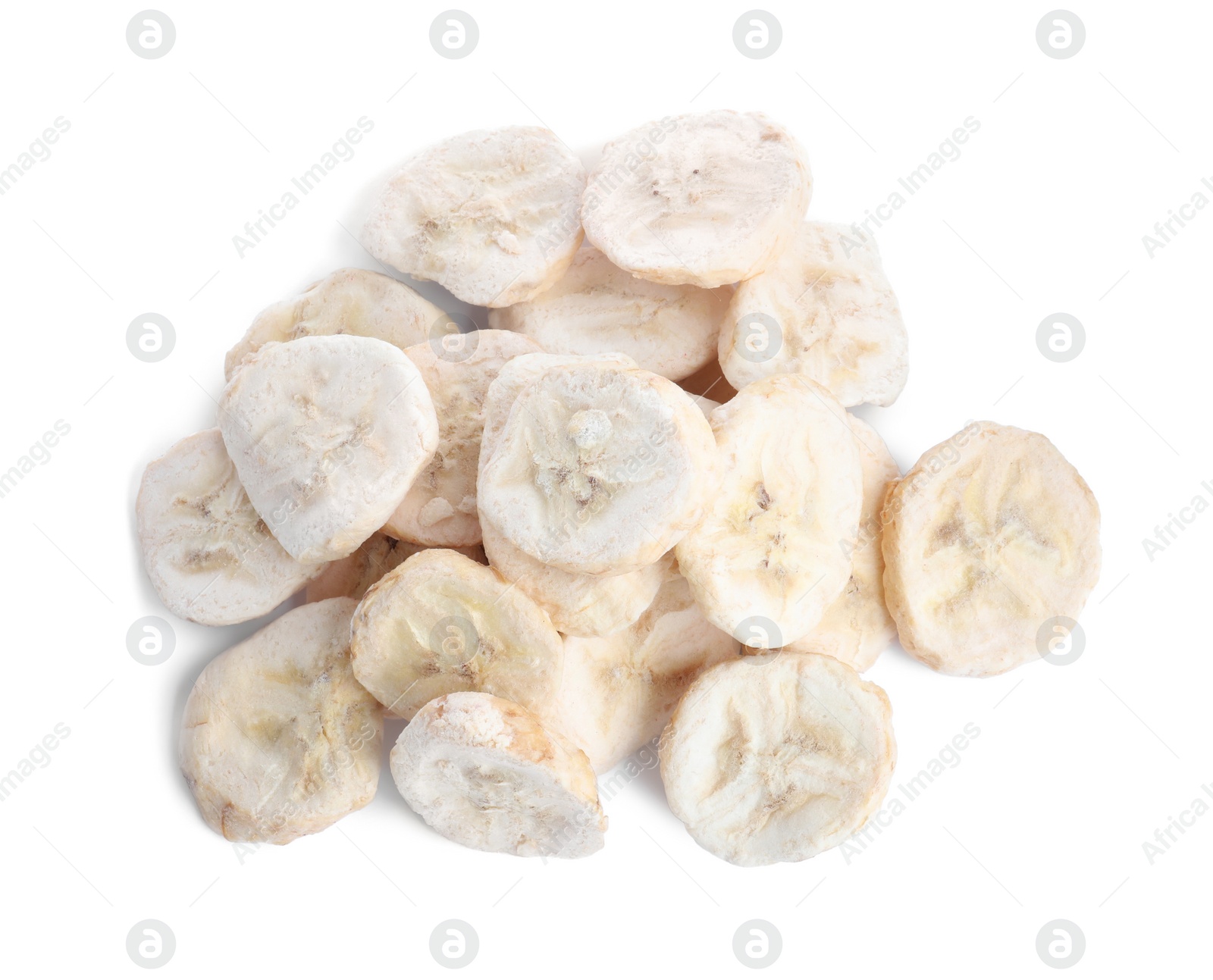 Photo of Pile of freeze dried bananas on white background, top view