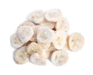 Photo of Pilefreeze dried bananas on white background, top view