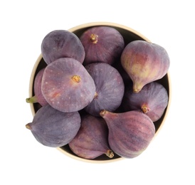 Photo of Whole tasty fresh figs in bowl on white background, top view