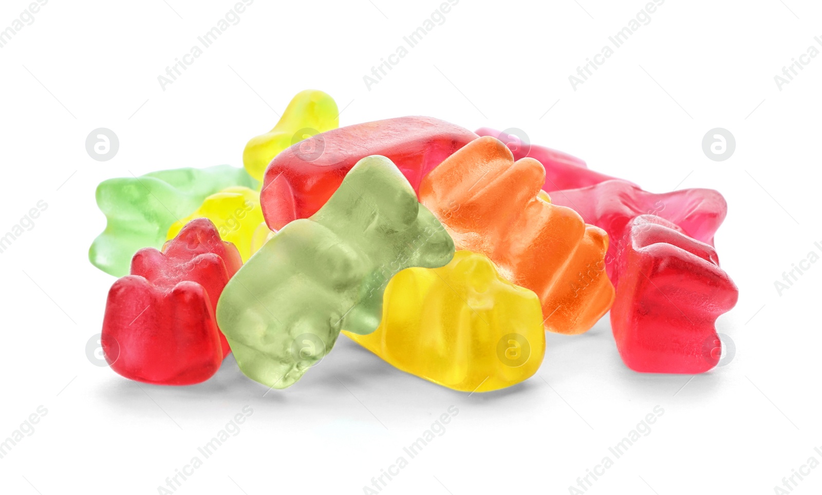 Photo of Pile of delicious jelly bears on white background