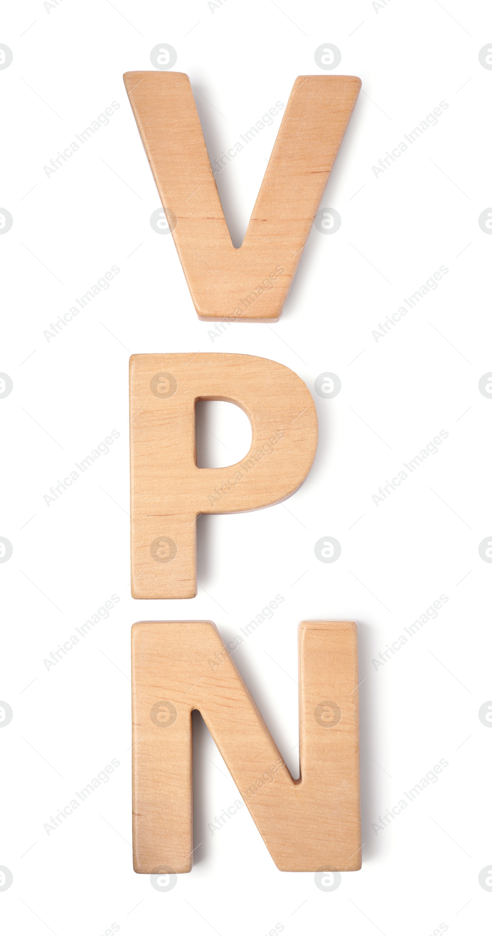 Photo of Acronym VPN made of wooden letters on white background, top view