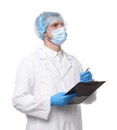 Quality control. Food inspector with clipboard on white background