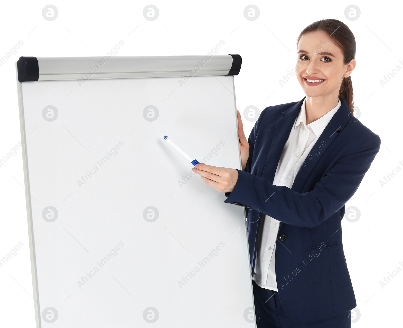 Photo of Professional business trainer near flip chart board on white background. Space for text