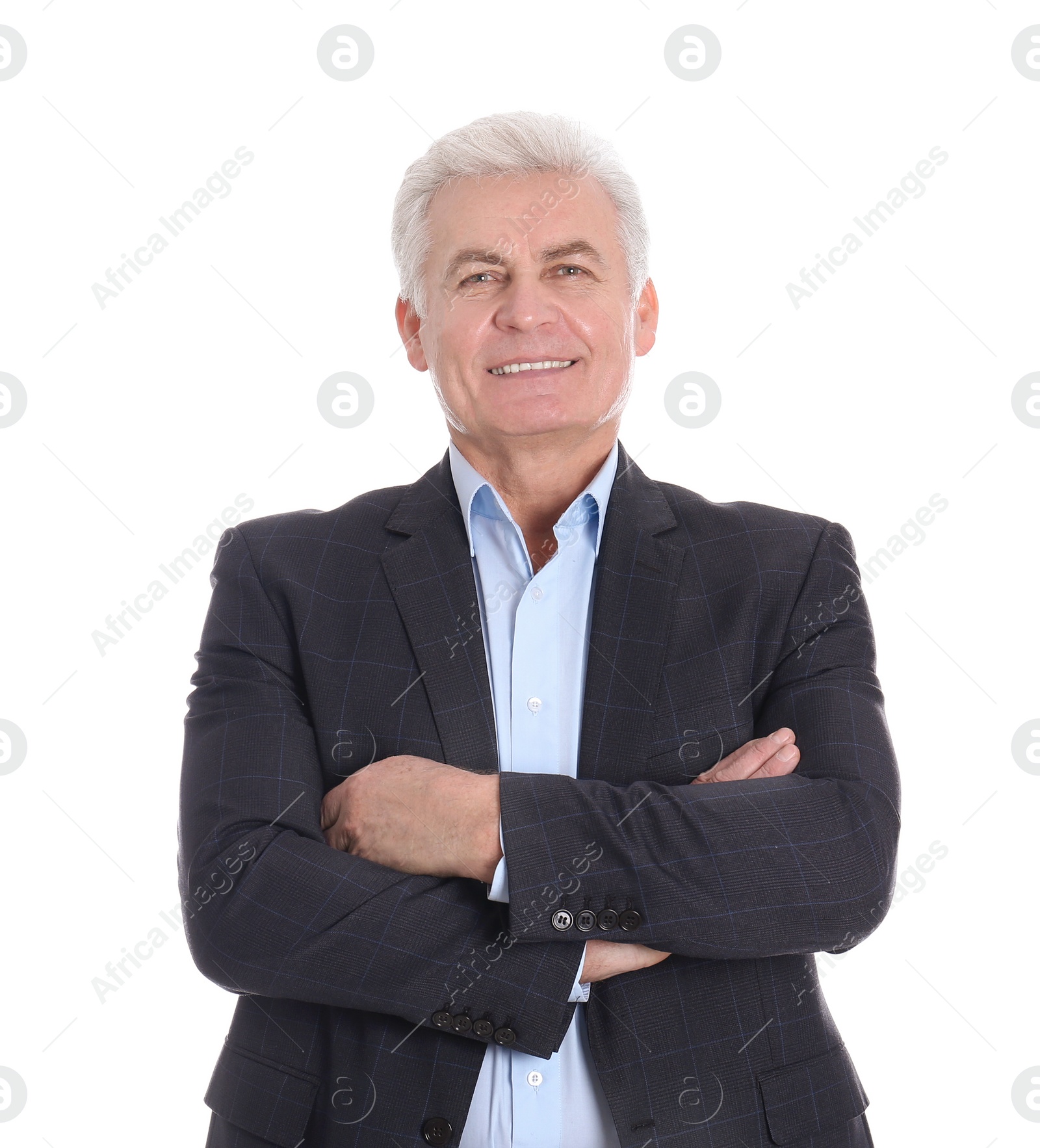 Photo of Handsome mature man in stylish suit on white background