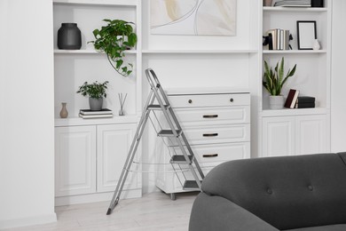 Photo of Metal ladder, chest of drawers and houseplants in living room