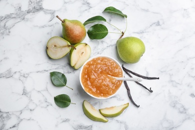 Delicious pear jam and fresh fruits on white marble table, flat lay