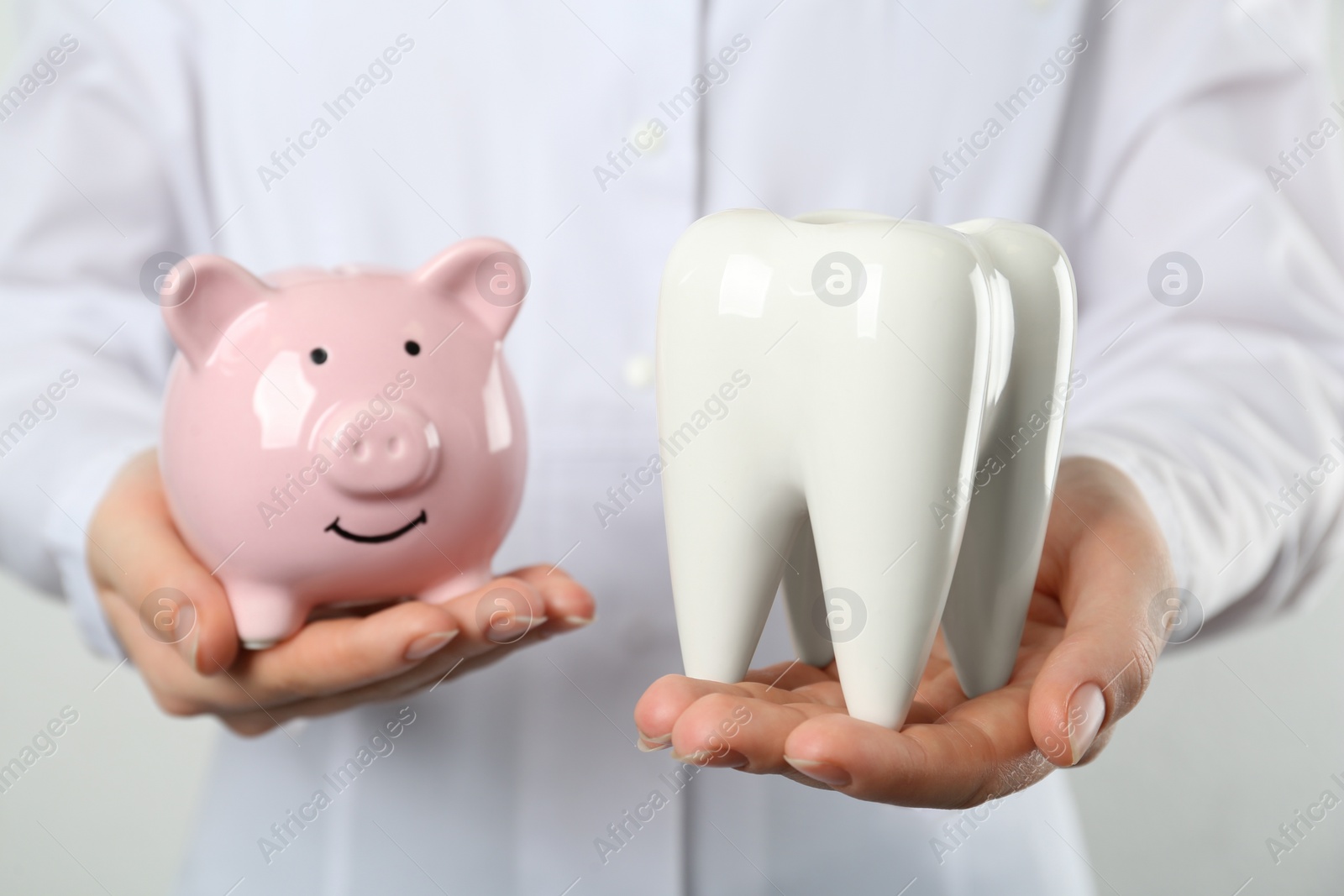 Photo of Dentist holding ceramic model of tooth and piggy bank on light background, closeup. Expensive treatment