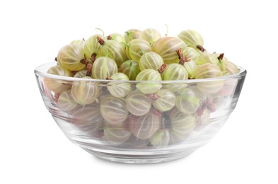 Photo of Glass bowl full of ripe gooseberries isolated on white