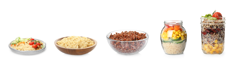 Image of Set of different healthy dishes with quinoa on white background. Banner design 