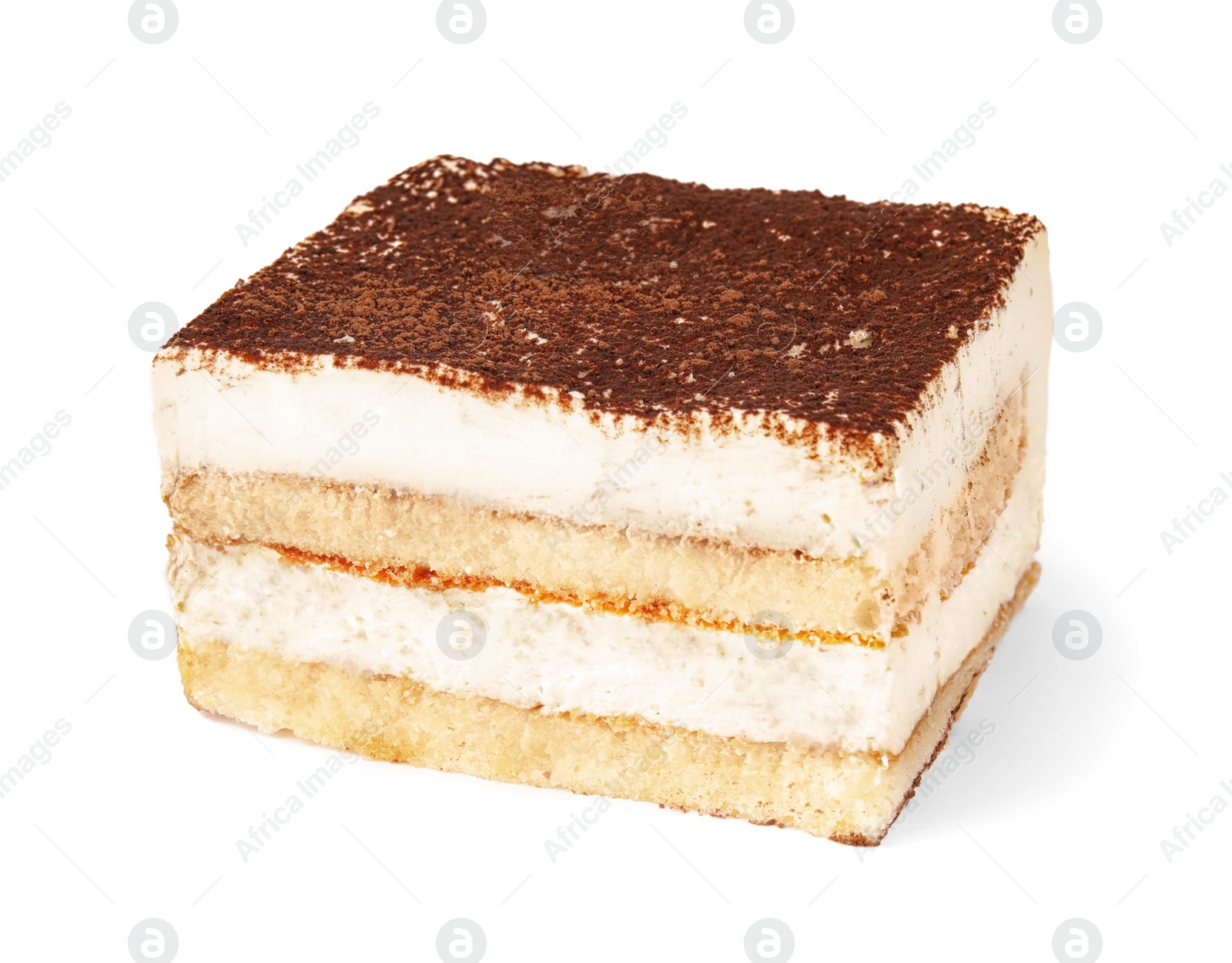 Photo of Classic Italian tiramisu cake isolated on white