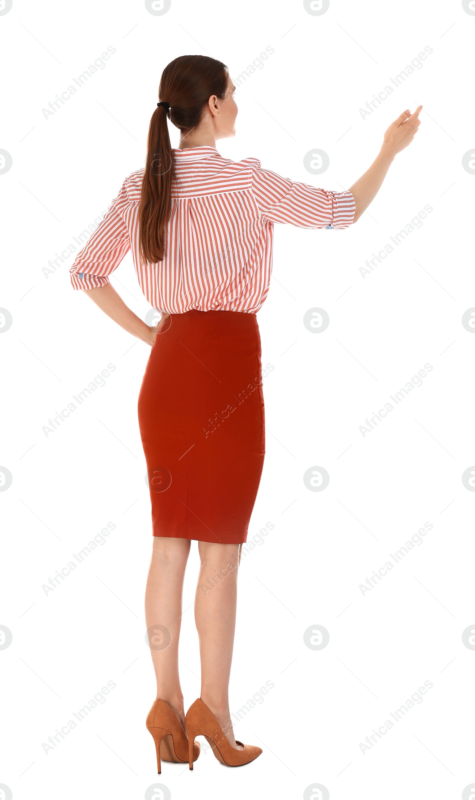 Photo of Professional business trainer showing at something on white background