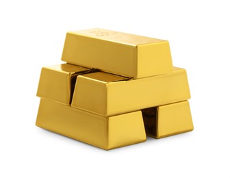 Photo of Stack of shiny gold bars isolated on white