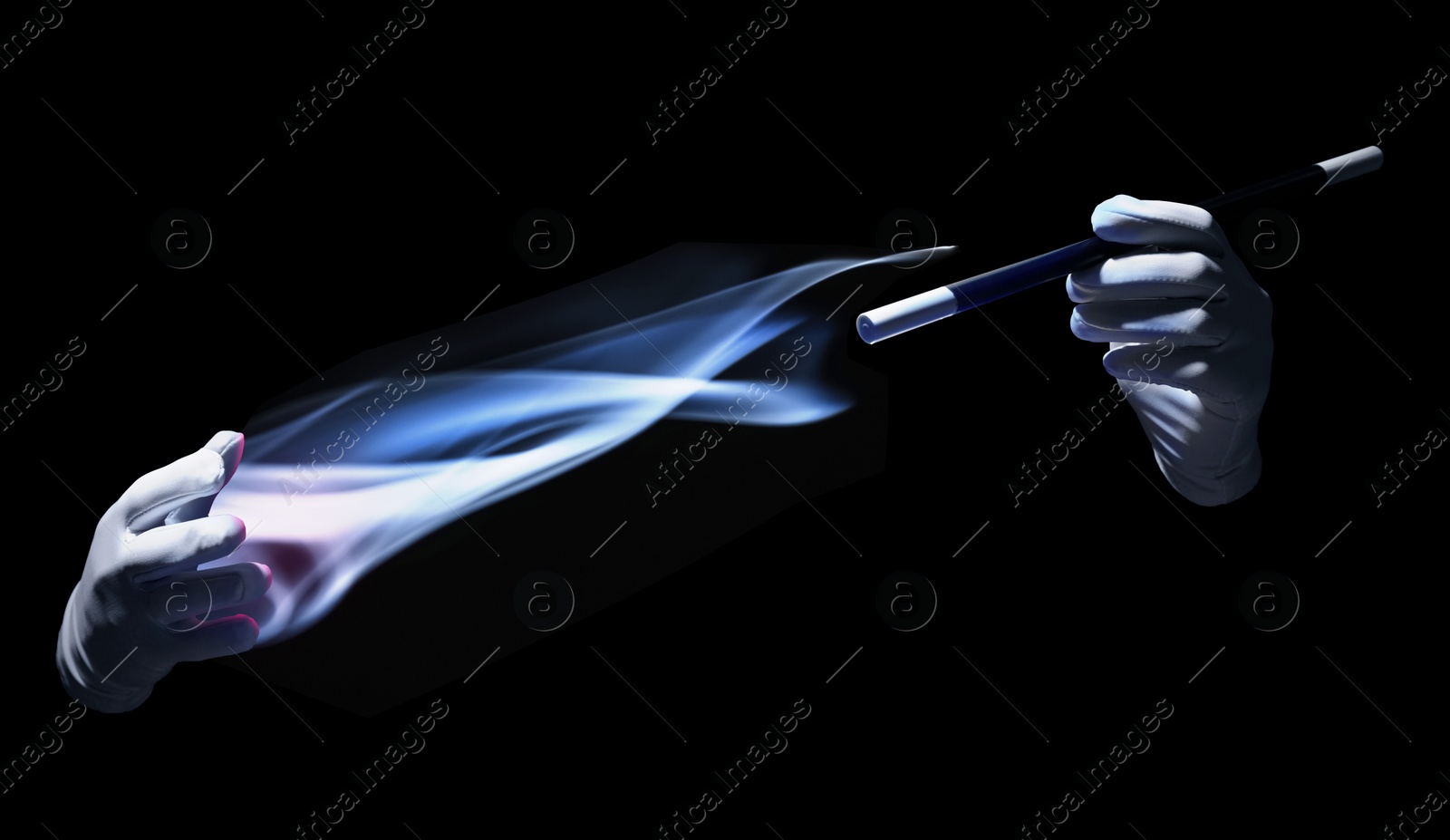 Image of Magician with magic wand performing trick on black background, closeup