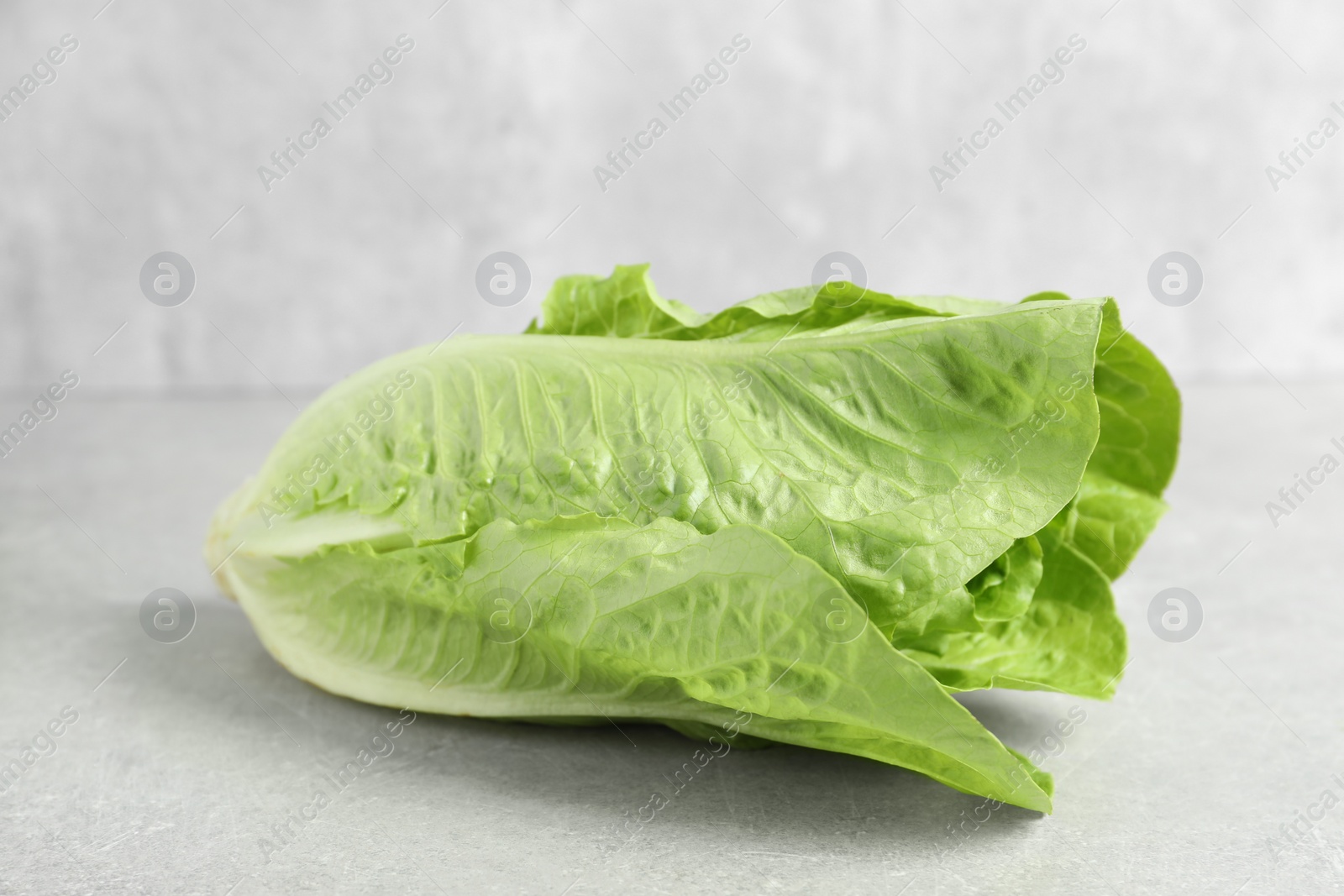 Photo of Fresh green romaine lettuce on light grey table