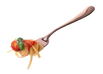 Photo of Fork with tasty pasta, tomato sauce and basil isolated on white