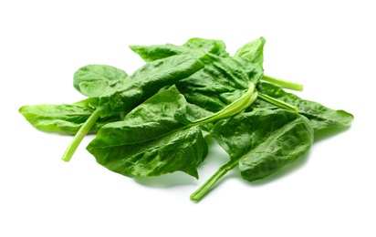 Pile of fresh spinach leaves isolated on white