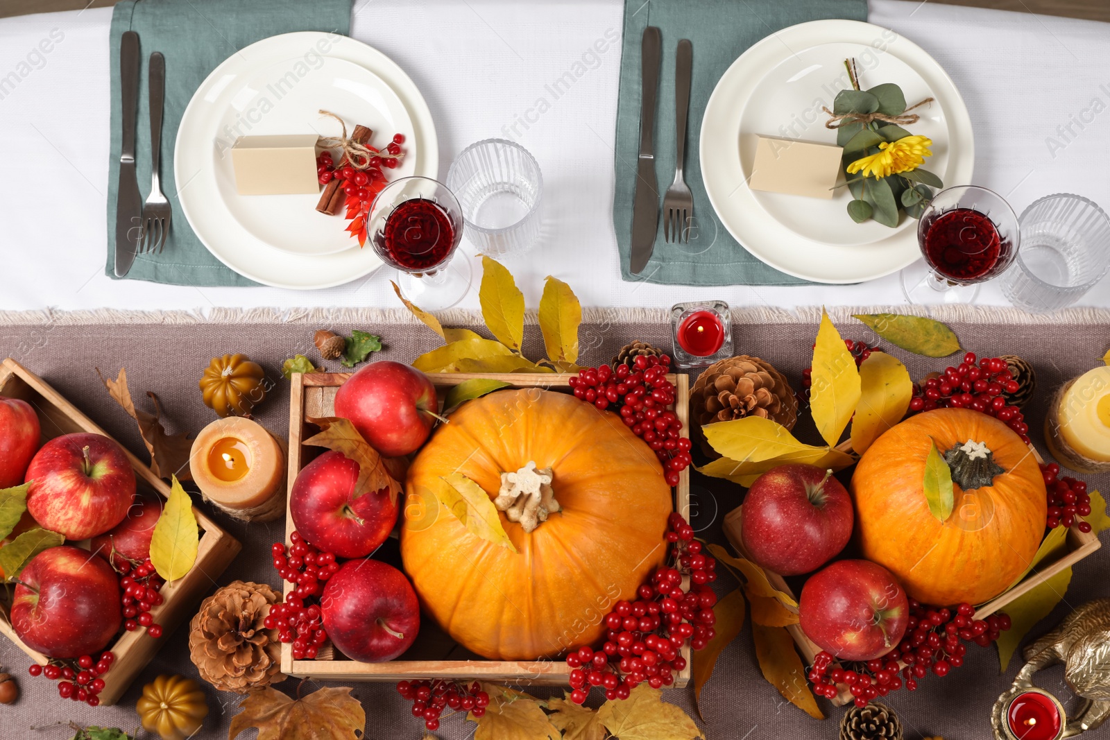 Photo of Beautiful autumn place setting and decor on table, flat lay