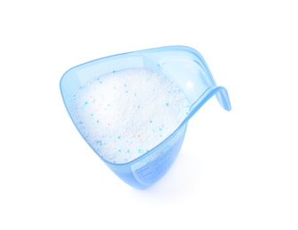 Measuring cup with laundry powder isolated on white, above view