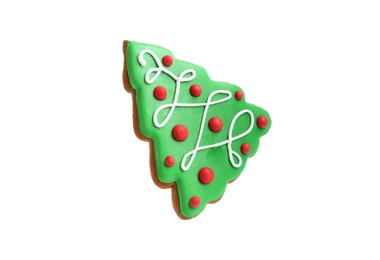 Photo of Christmas cookie in shape of fir tree isolated on white