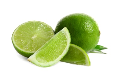 Fresh ripe green limes on white background