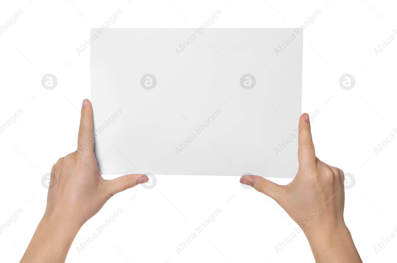 Photo of Woman holding sheet of paper on white background, closeup. Mockup for design