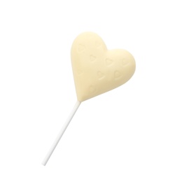 Photo of Heart shaped lollipop made of chocolate isolated on white, top view