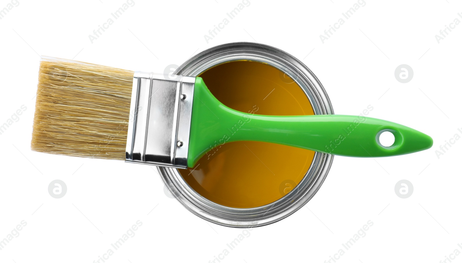 Photo of Paint can and brush on white background, top view