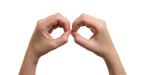 Photo of Woman holding something in hands on white background, closeup