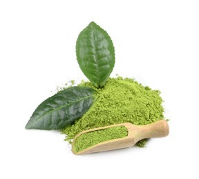 Photo of Scoop with green matcha powder and leaves isolated on white