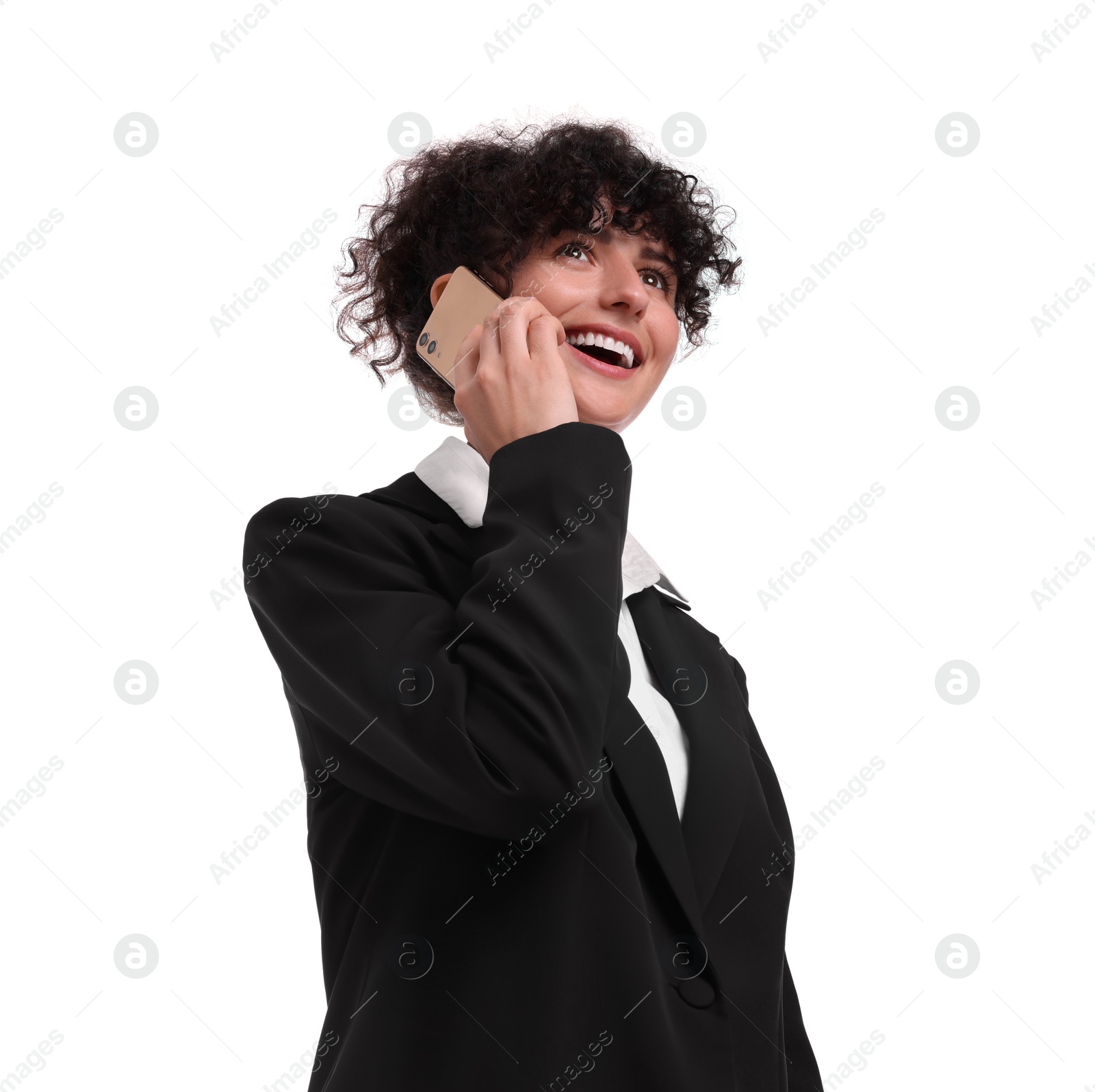 Photo of Beautiful businesswoman talking on smartphone against white background, low angle view