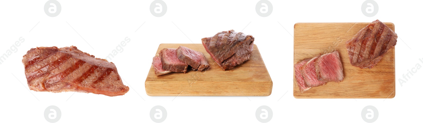 Image of Delicious grilled beef steaks isolated on white, set