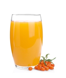 Photo of Delicious sea buckthorn juice and fresh berries isolated on white